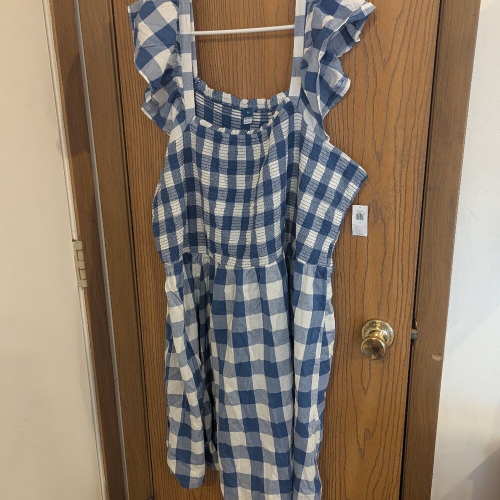 NWT Old Navy Smocked Fit and Flare Mini Flutter Sleeve Gingham Blue/White-3X